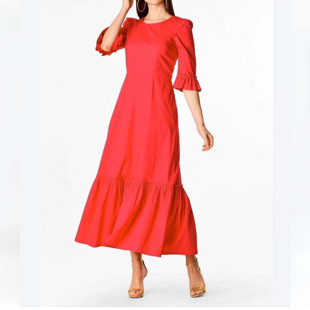 eShakti Wayward Fancie Ruffle Flounce Hem Poplin Dress Watermelon Size 3X - 24W